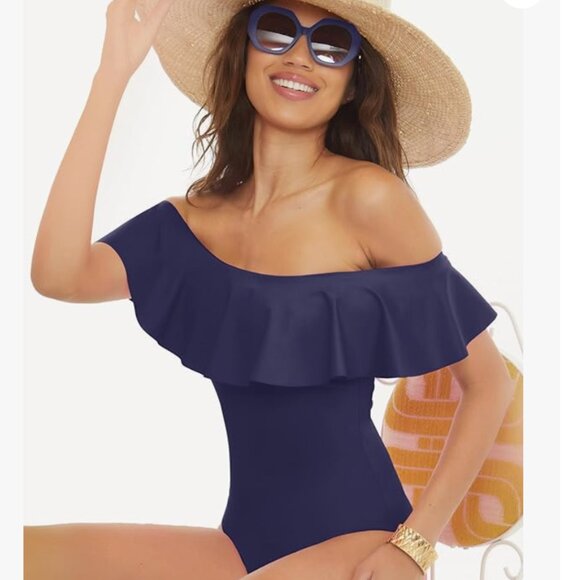 Trina Turk Paddle Suit Ruffle Monaco Navy Off Shoulder One Piece Swimsuit Size 8 - Picture 1 of 11